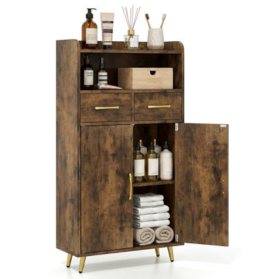 Armoire de rangement pour salle de bain avec 2 tiroirs et 2 portes, tablette réglable et pieds en métal brun rustique