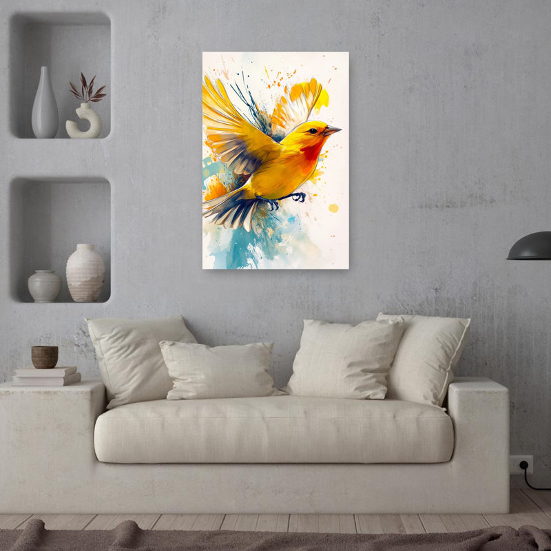 Vibrant Yellow Bird Abstract Colorful Energetic Bird Nature Summer Wall Art Print 1 Piece Wrapped Canvas Wall Art