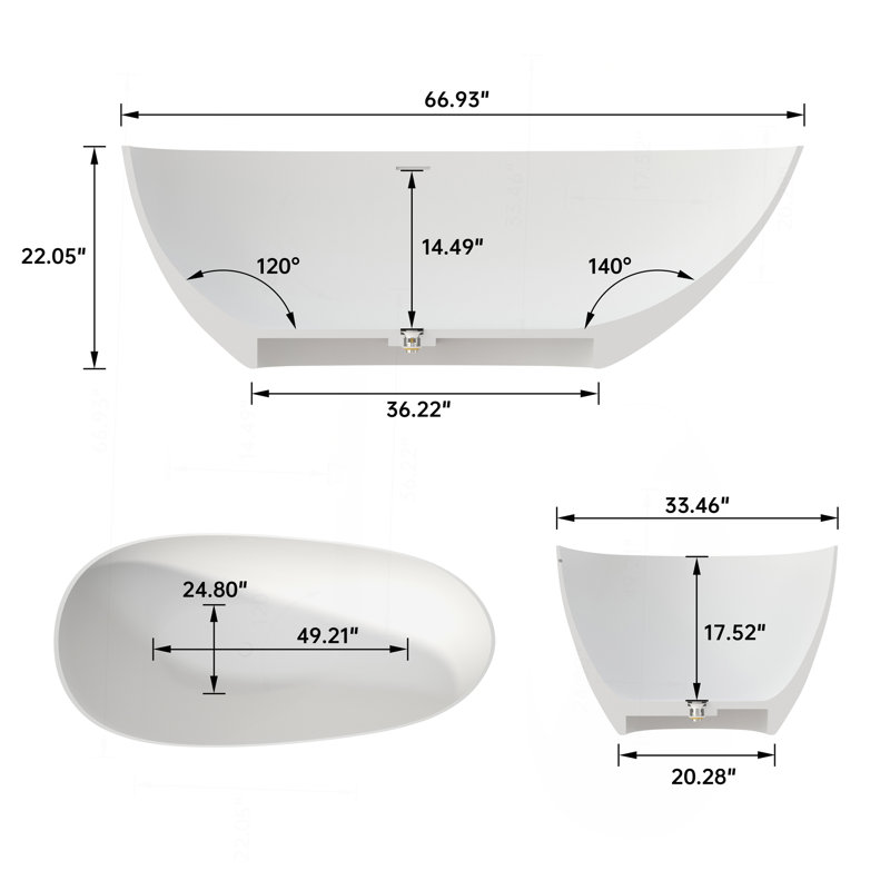 Baignoire profonde de 67 po à surface solide de qualité supérieure, Blanc mat