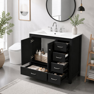 Meuble-lavabo noir avec lavabo en céramique, rangement abondant - 2 portes à fermeture en douceur et 5 tiroirs pour les petites salles de bain