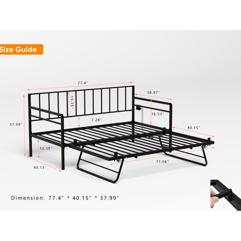 Twin Day Bed With Led Lights, Charging Ports & Trundle, Height Adjustable Metal For Bedroom, Living Room, Guest Black - Steel Frame, No Box Spring Required Daybed , Power Station Room Strong Slats,