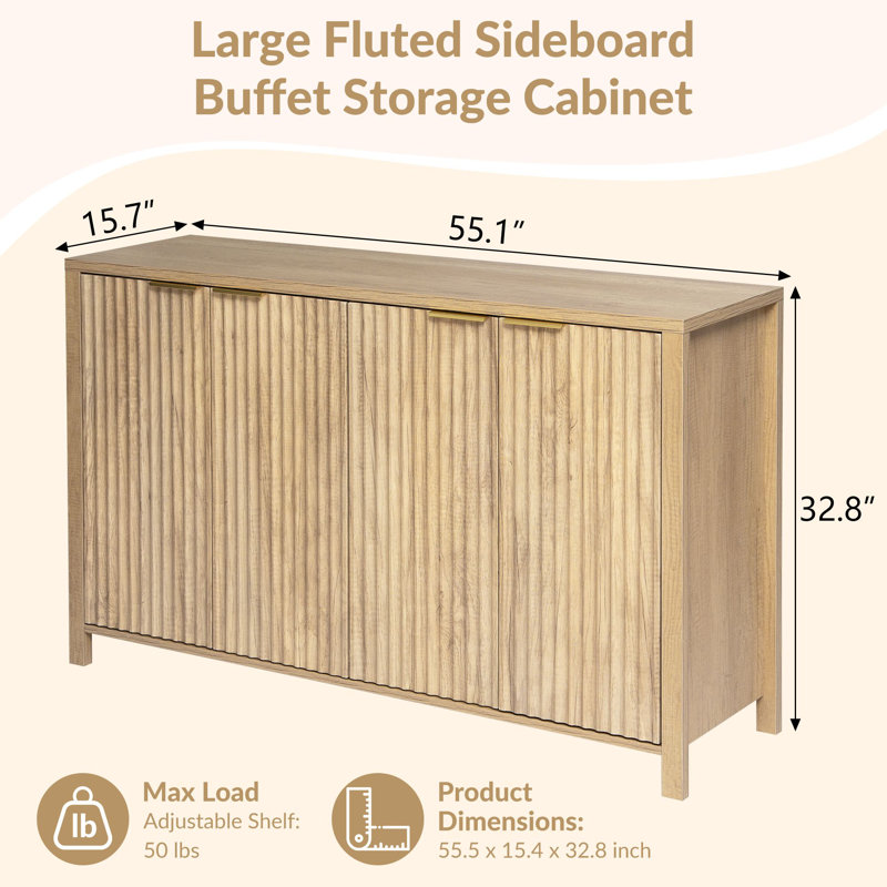 Fluted Buffet Sideboard Cabinet with Storage, Modern Wave Fluted Buffet Credenza with Adjustable Shelves, 4 Door Accent Bar Cabinets Console Table
