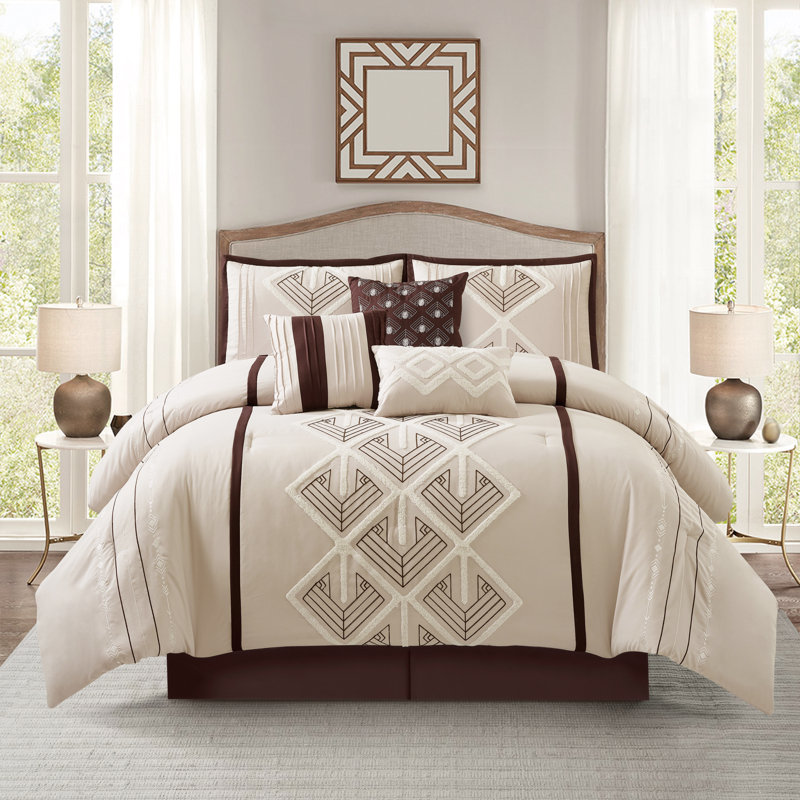 Queen Brown Microfiber Geometric Comforter Set