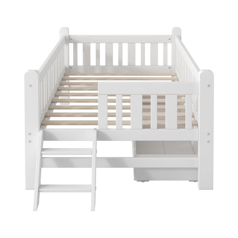Lit plateforme simple en bois massif avec garde-corps de sécurité et tiroirs de rangement sous le lit - Cadre de lit blanc pour enfants