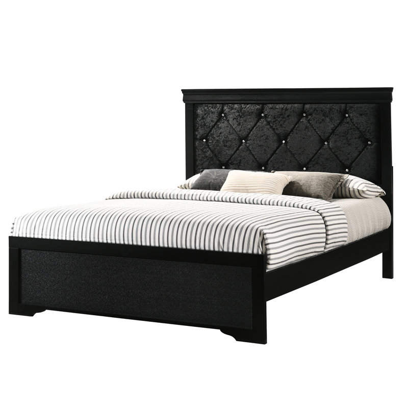 Lit double à panneau noir avec tête de lit rembourrée résistante et capitonnage à boutons pour une chambre à coucher artistique