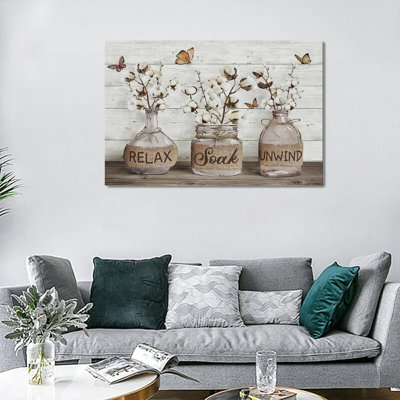 Farmhouse Bathroom Decor Wall Art Rustic Cotton Flower Pictures Canvas Prints Country Relax Soak Unwind Bathroom Sign Butterfly Artwork Modern Home Decor Ready To Hang 16"X24"