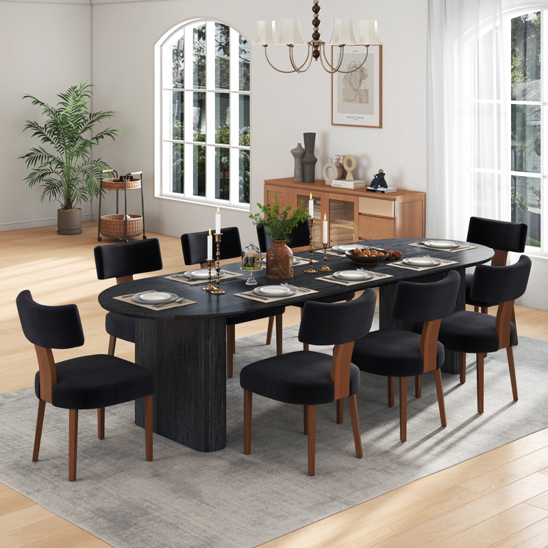 Modern Farmhouse Solid Wood Extendable Dining Table Set for 4-8 People, 9 Pieces: Table, 8 Chairs, Black, Black