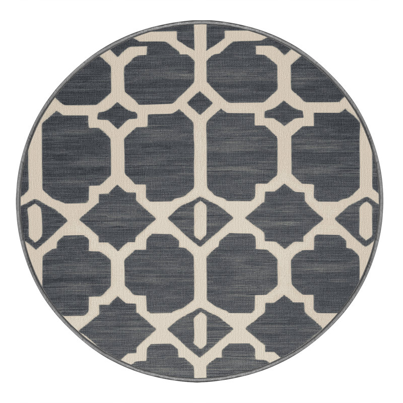 Machine Washable Trellis Grey Area Rug, Round 5'