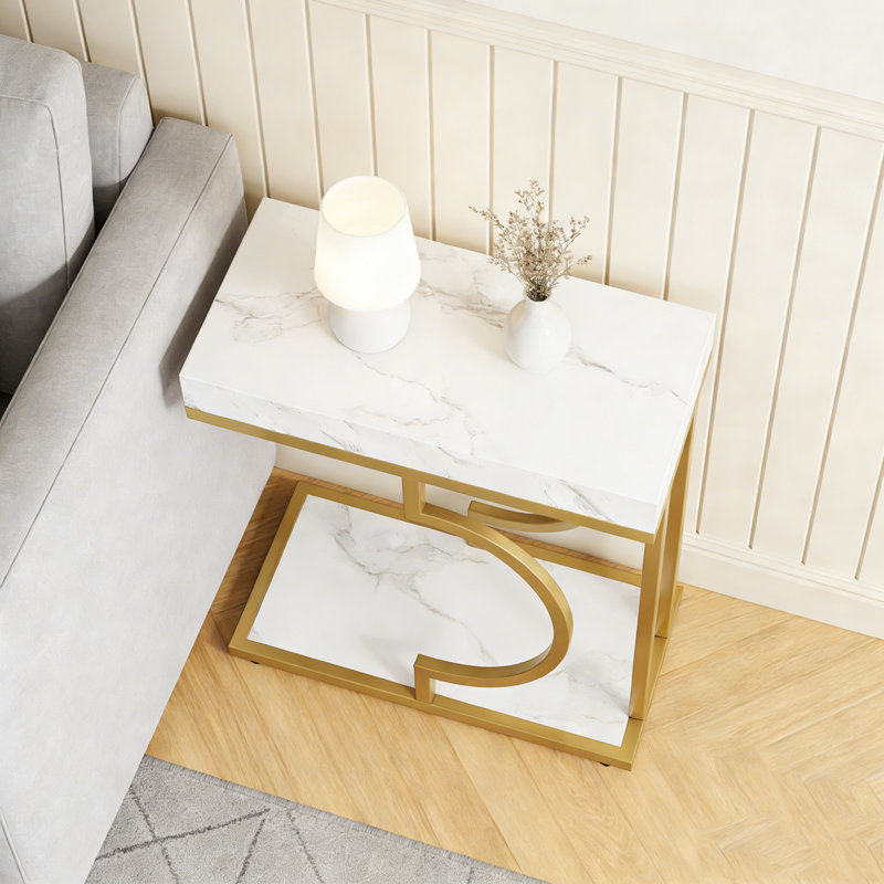 Table de bout moderne étroite C, Blanc et doré