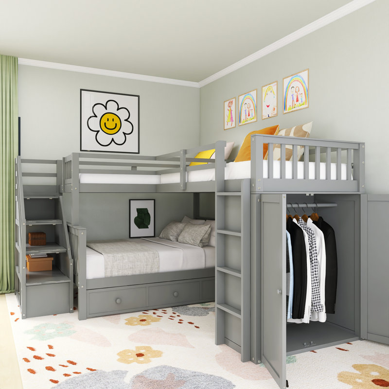 Imelida Solid Wood L-Shaped Bunk Beds with 3 Drawers and Wardrobe by Harriet Bee, Gray