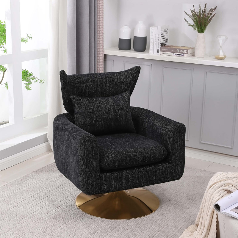 360-Degree Swivel Accent Chair with a Pillow, Black 100% Linen