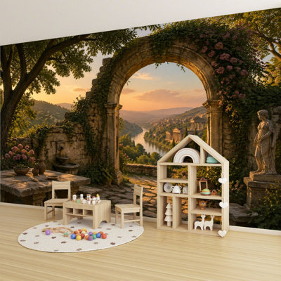 Papier peint adhésif pelez et collez Serene Italian Garden Archery Verdure Scenic View Wall Murals H 100 po x l 144 po Papier mural amovible en PVC auto-adhésif pour chambre à coucher, salon, bureau à domicile