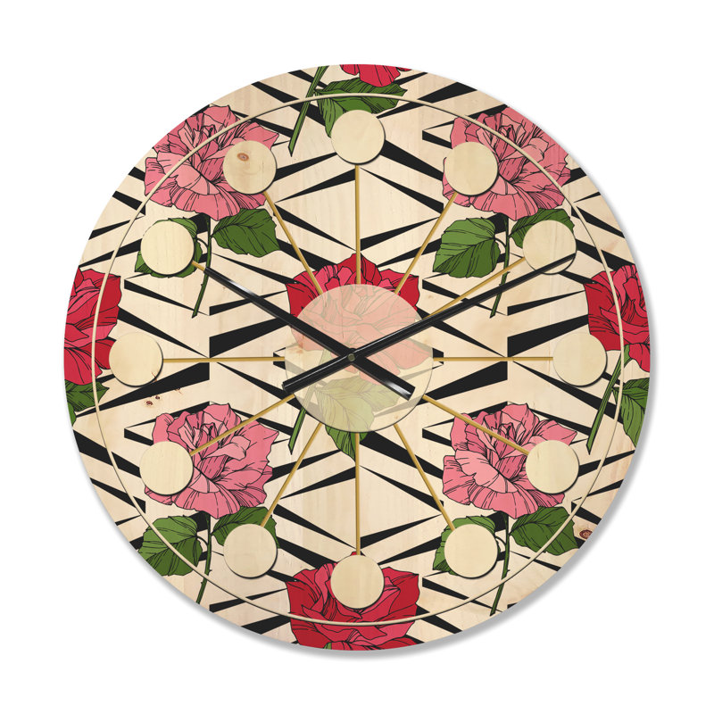 Retro Pink And Red Roses - Mid-Century Modern Wood Wall Clock, Medium
