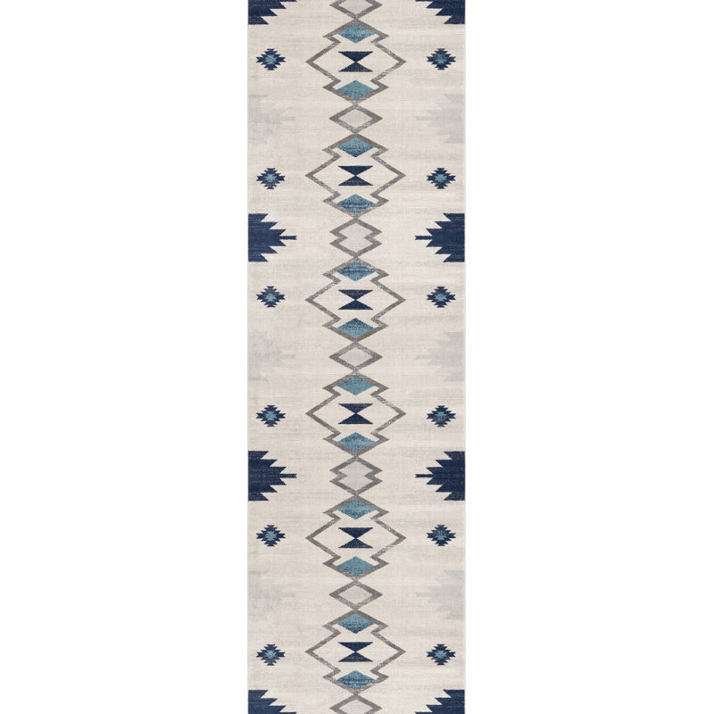 Tapis de couloir bleu et ivoire Strathearn Southwestern, Tapis de couloir 2 pi 3 po x 10 pi