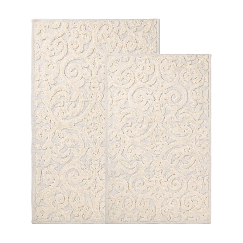 Ivory Medium Polyester Floral Scroll Bath Rug Set