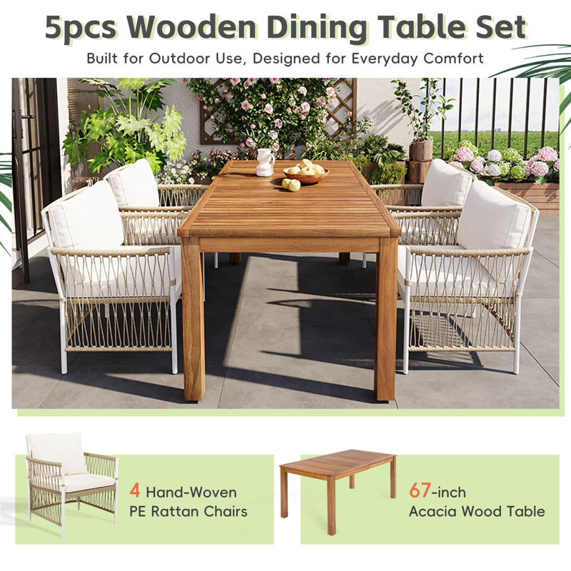  Ensemble de table de salle à manger 5 pièces, mobilier d'extérieur moderne avec 4 fauteuils et coussins en corde, naturel