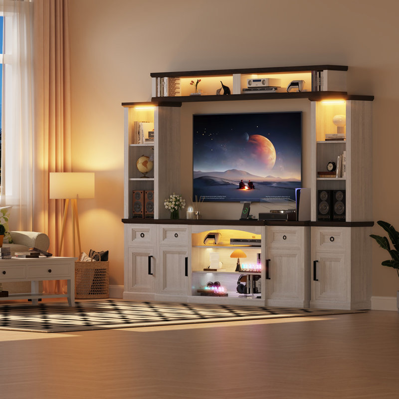 Farmhouse 4-piece Entertainment Wall Unit With Tv Stand, Bookshelf & 77" Floating Cabinet, Adjustable Shelves, European-style Doors, And Motion-sensing Led Lights — Fits Tvs Up To 75" For Modern Living Rooms