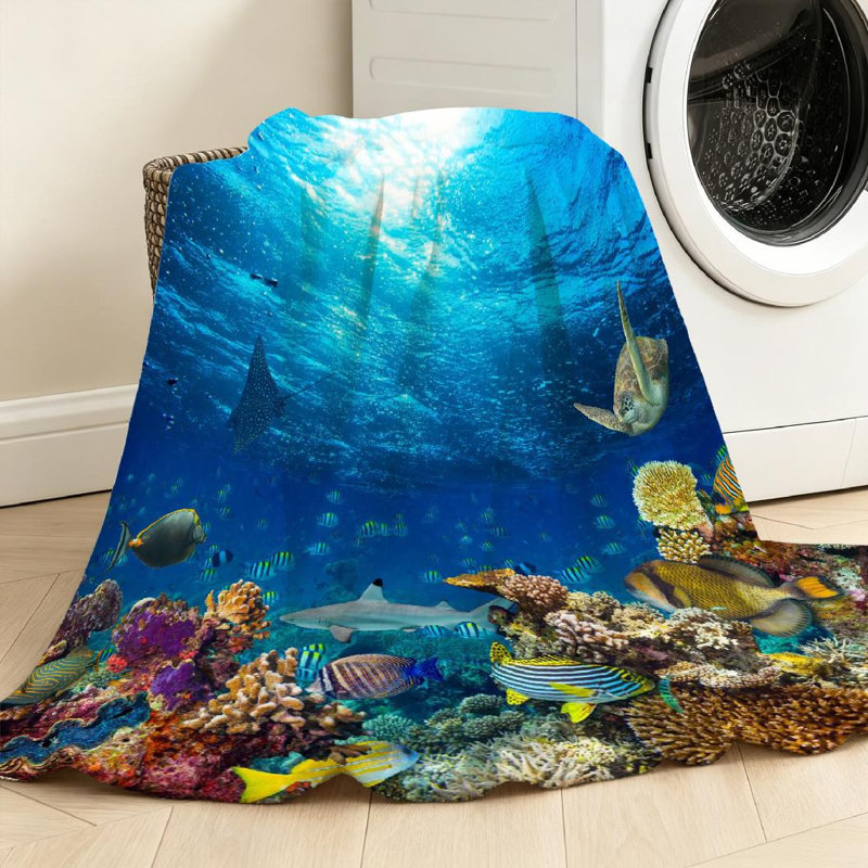 Jeté en flanelle bleue ultra douce, imprimé de poissons tropicaux et imprimé recto, Throw 30" x 40"