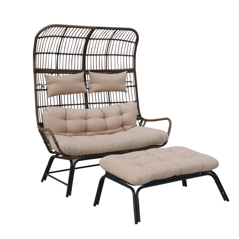 2 Person Indoor Outdoor Egg Chair W/ottoman, Beige, Brown
