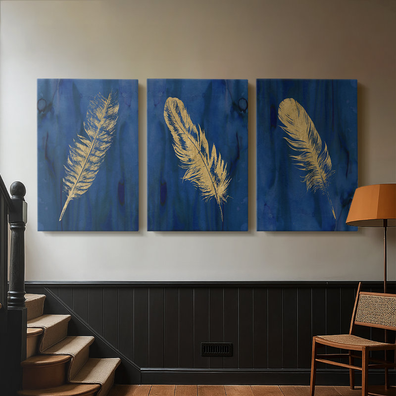 Golden Feather I - Toile tendue avec châssis sur mesure - 3 pièces, H 18 po x l 36 po