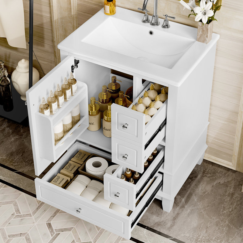 Meuble-lavabo autoportant de 24 po avec lavabo, tiroirs et tablettes en céramique Hutton, Blanc