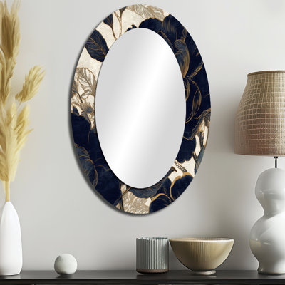 Blue Gold Peony Celebration I - Grand miroir mural ovale sur métal