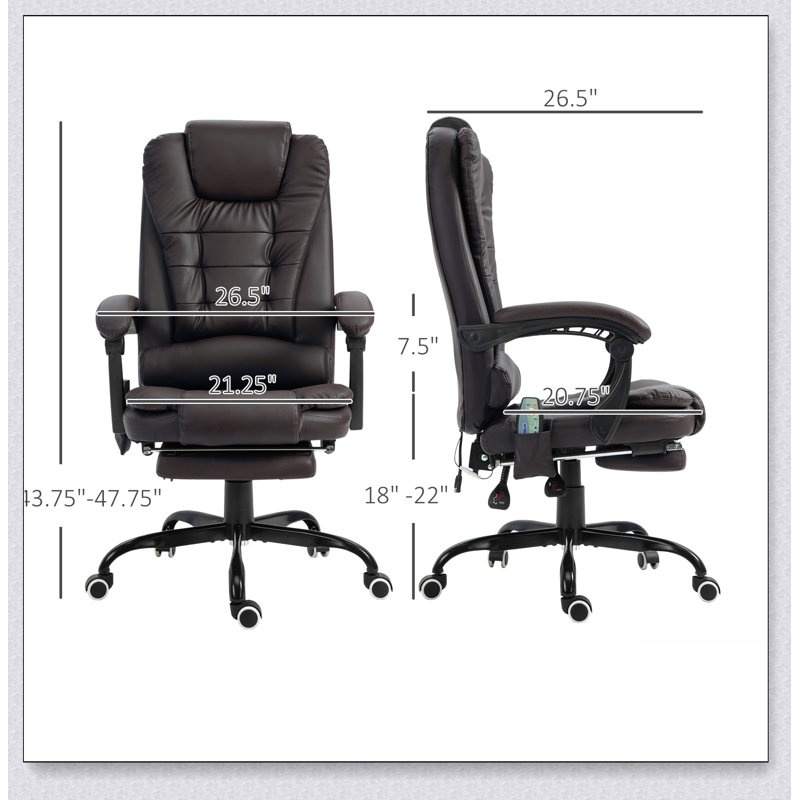 Chaise de bureau avec structure en métal, similicuir, pivotant, soutien lombaire, massage, hauteur réglable, Brun