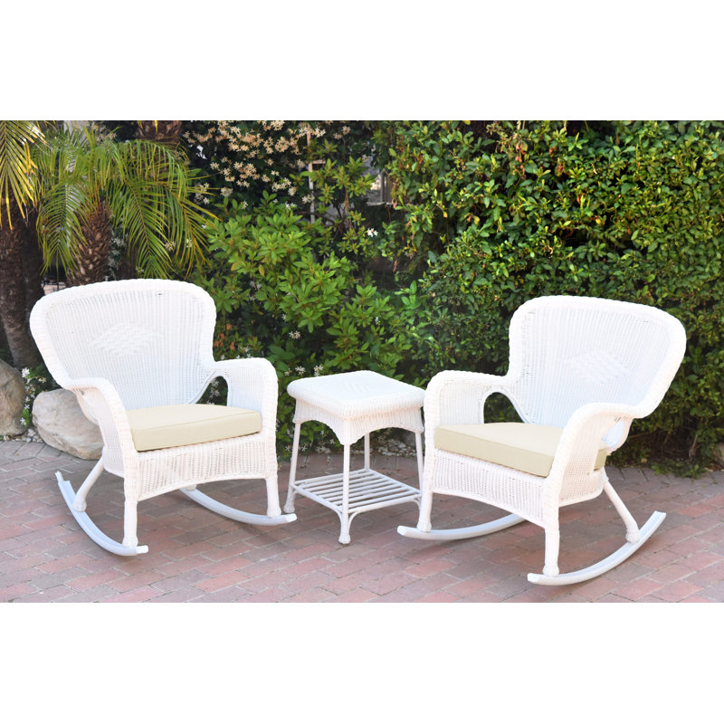Windsor Resin Wicker Rocker Chair And End Table Set With Cushions, White, Ivory