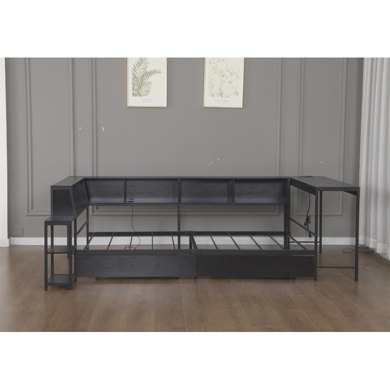 Structure de lit d'angle pour lit double avec bibliothèque et 2 tiroirs de rangement sous le lit, lit double moderne avec lumière DEL et station de charge