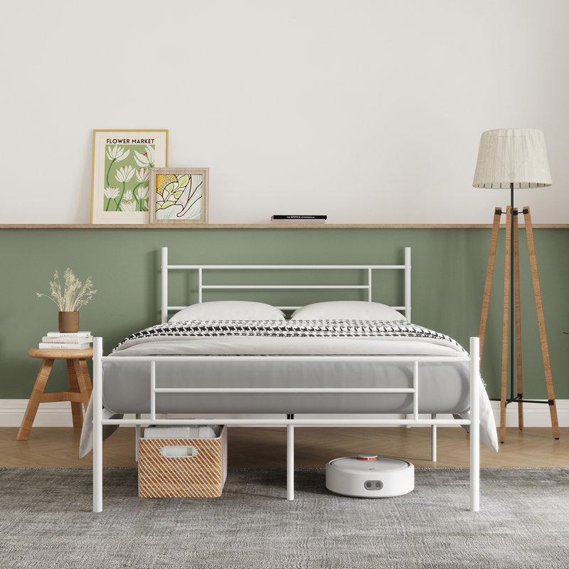 14" Metal Platform Bed with Headboard, King, White