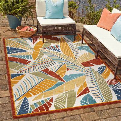 Fosel Lagos All-Weather Flatweave Indoor/Outdoor Area Rug, Multicolored Modern Tropical Leaf – Patio, Deck, Porch & Living Room - 5x7