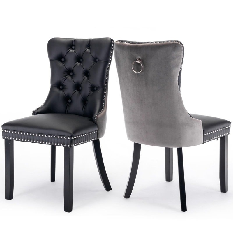 Chaise de salle à manger en velours avec anneau à dossier et pieds en bois massif, Noir/gris, Noir, 2