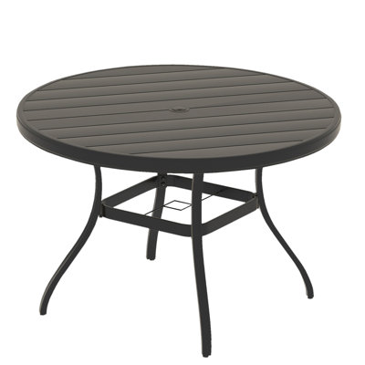 Outdoor Round Coffee Table, All - Weather Steel, 40.6"X40.6"X27.92", Umbrella Hole, Black For Backyard And Poolside Deck