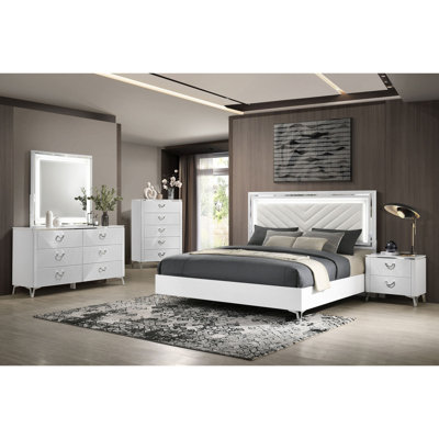 5-Pieces Bedroom Sets,Mid-Century Modern  Bed, One Nightstand, One Dresser, One Dresser Mirror, and One Chest of drawers