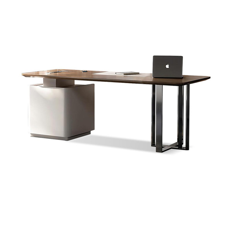 Bureau en bois manufacturé rectangulaire brun noisette + beige + acier inoxydable avec 3 tiroirs, Retour à droite
