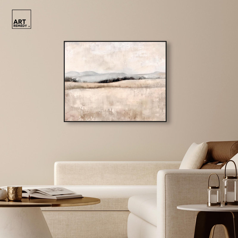 Distant Hills I, toile, peintures de paysage par , H 37 po x l 46 po, Cadre flottant noir
