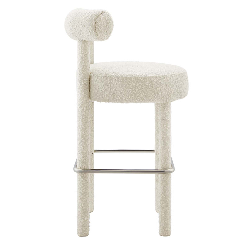 Ivory Boucle Fabric Bar Stool with Metal Stretcher, 30" Seat Height