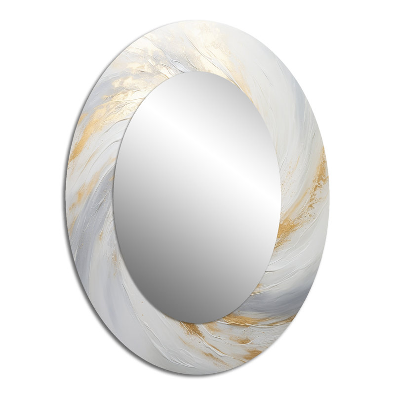 Gold And White Soft Wave Vortex II - Beige Modern Oval Wall Mirror, 40" x 30"