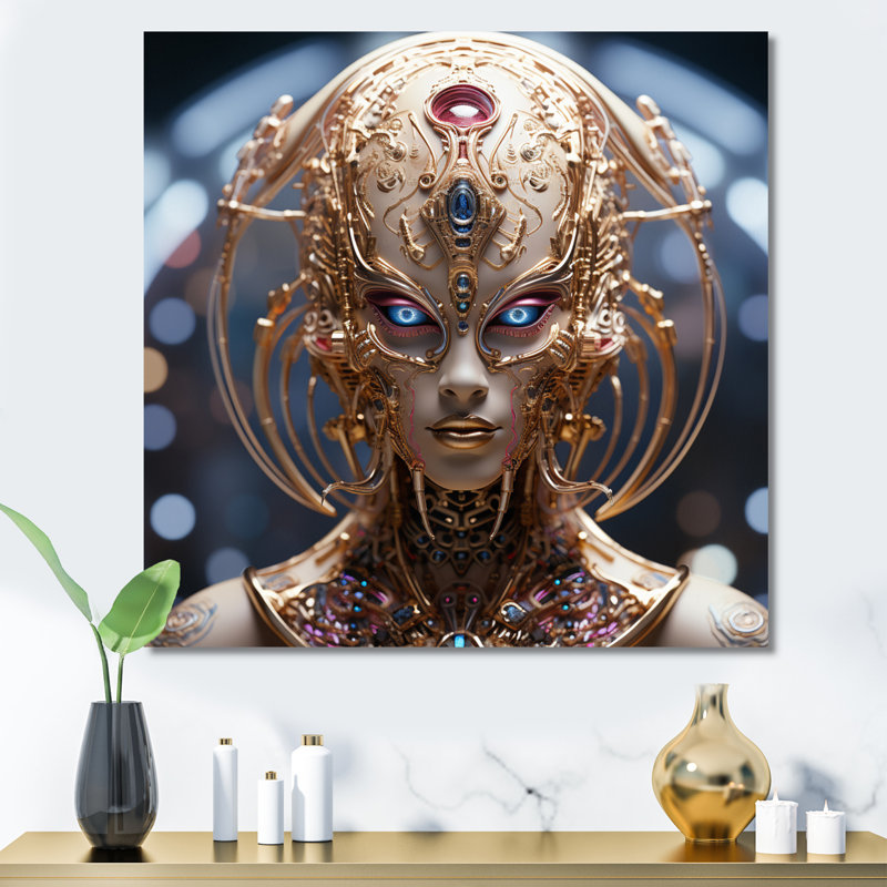 Sci-Fi, portrait d'une déesse futuriste dorée - Portraits abstraits, décoration murale, H 16 po x l 16 po x P 1 po