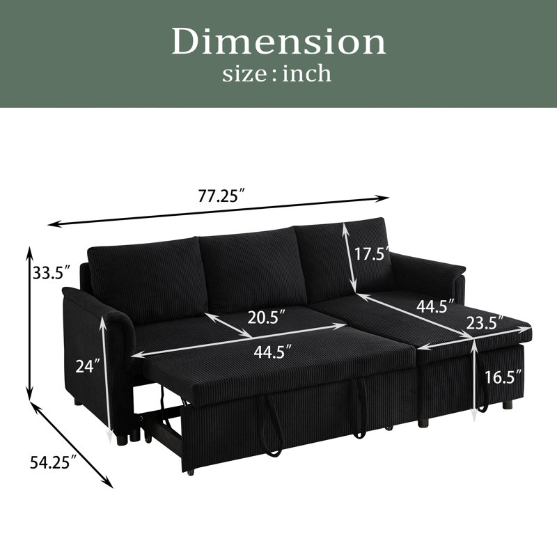 Canapé avec méridienne convertible modulaire en L, Velours côtelé noir