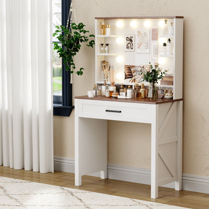 Makeup Vanity With 3 Lighting Colors, White/Brown