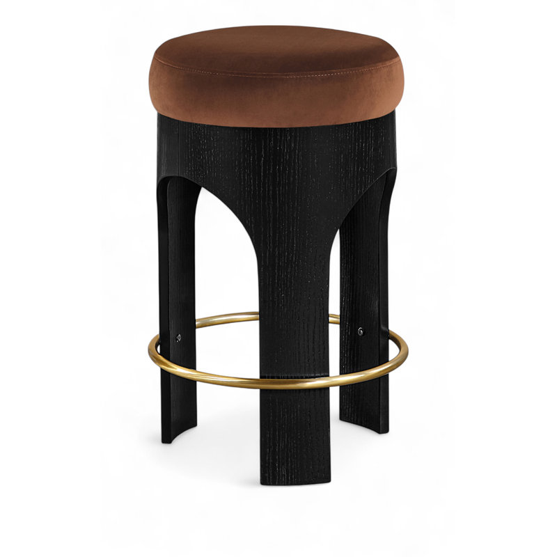 Tabouret de comptoir rembourré en velours Bocceli, Noir, Velours cognac