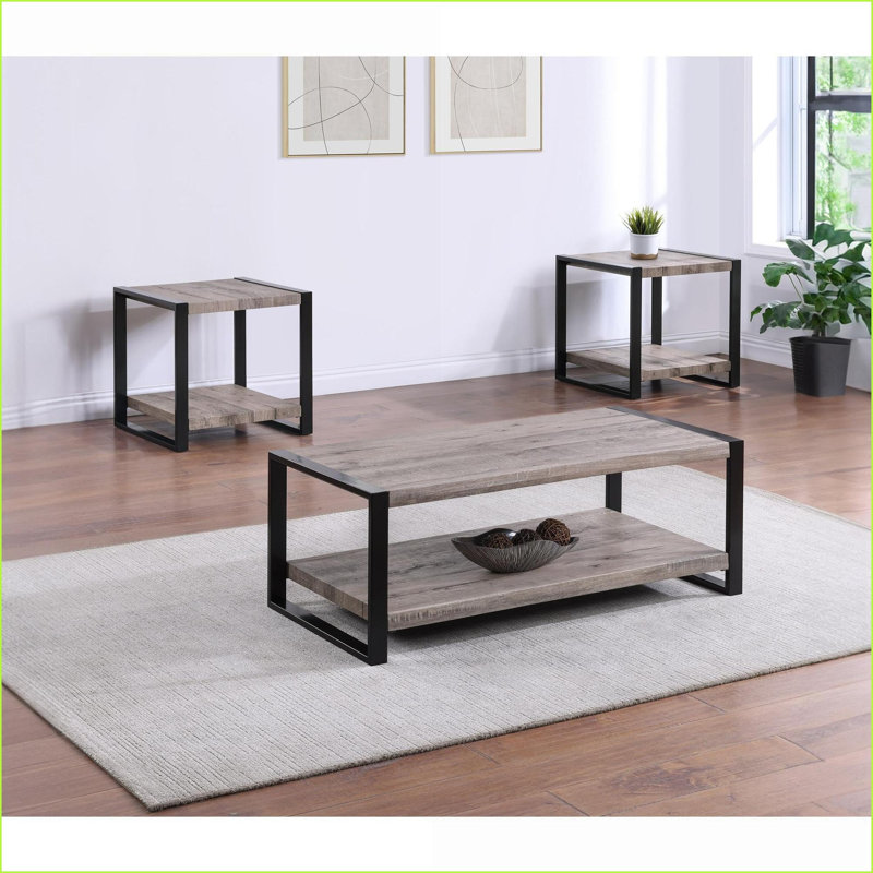 Ensemble de 3 tables basses brun rustique et noir - Rangement industriel moderne pour le salon