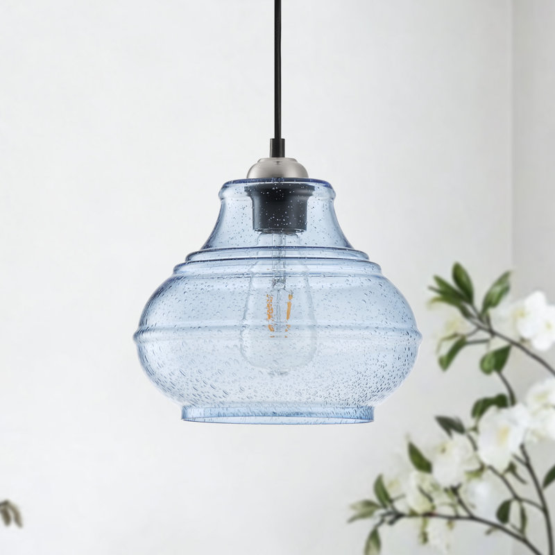 1 - Light 9.05"Wide Pendant Light with Seed Glass Shade, Blue