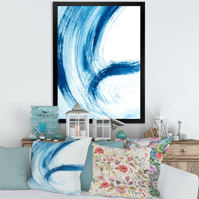 «Blue Brush Strokes On White I», reproduction sur toile, H 32 po x l 16 po, Cadre d'angle fermé noir