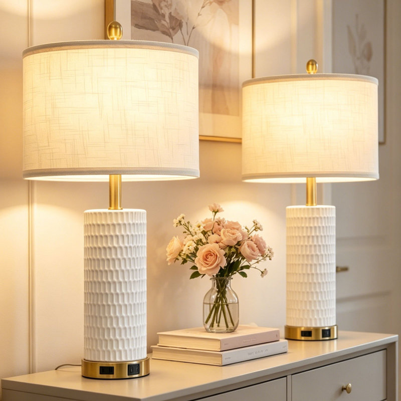 Lampes de table modernes en céramique à intensité variable 27 po avec deux ports USB et ampoule