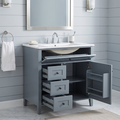 Meuble-lavabo de salle de bain autoportant en bois d'hévéa 30 po avec lavabo 30 po, 3 tiroirs, bleu
