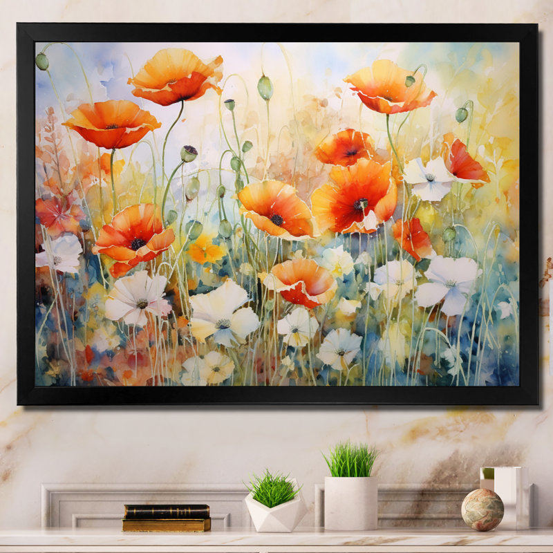 Fleurs de coquelicots en fleurs rouges et blanches dans les prés - Décoration murale coquelicots, H 24 po x l 32 po x P 1 po