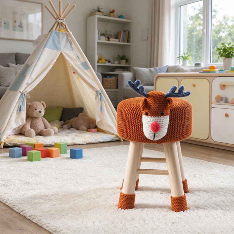 Tabouret pour enfants avec crochets et rennes, pieds ronds en bois pour chambre d'enfant