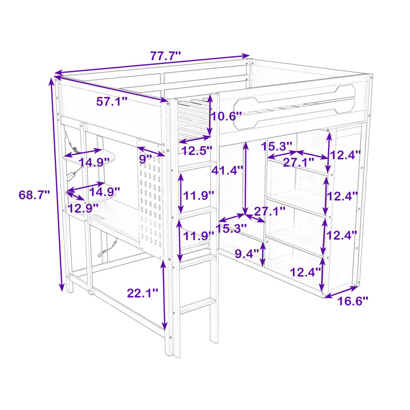 Lit mezzanine double en bois pleine grandeur avec éclairage RVB, bureau intégré, tablettes et garde-robe ouverte, Vert
